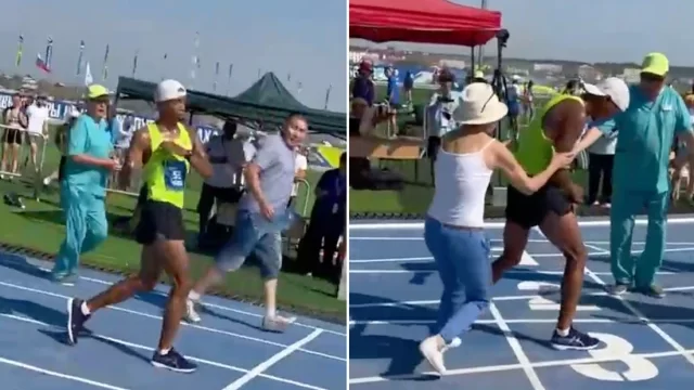 Atleta se marea en recta final de carrera y su madre lo empuja hasta la meta