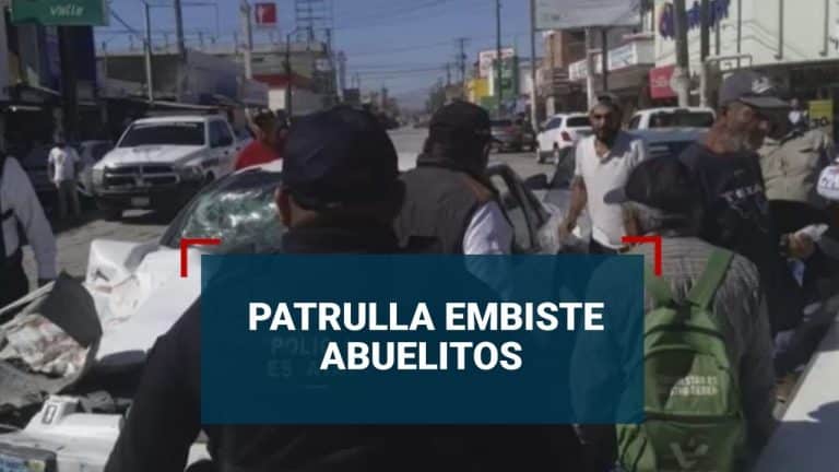 Carambola entre vehículo y patrulla; embisten a adultos mayores que esperaban cobrar pensión
